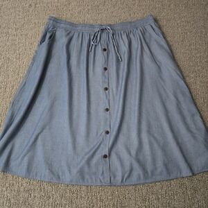 Chambray Blue Button Front Midi Skirt 2XL Cottagecore Prairie Pockets